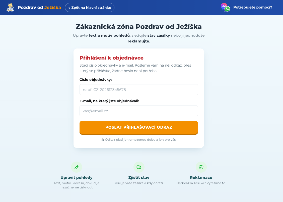 Zákaznická zóna Pozdravu od Ježíška: přihlášení k objednávce, úprava pohledů, stav zásilky a reklamace